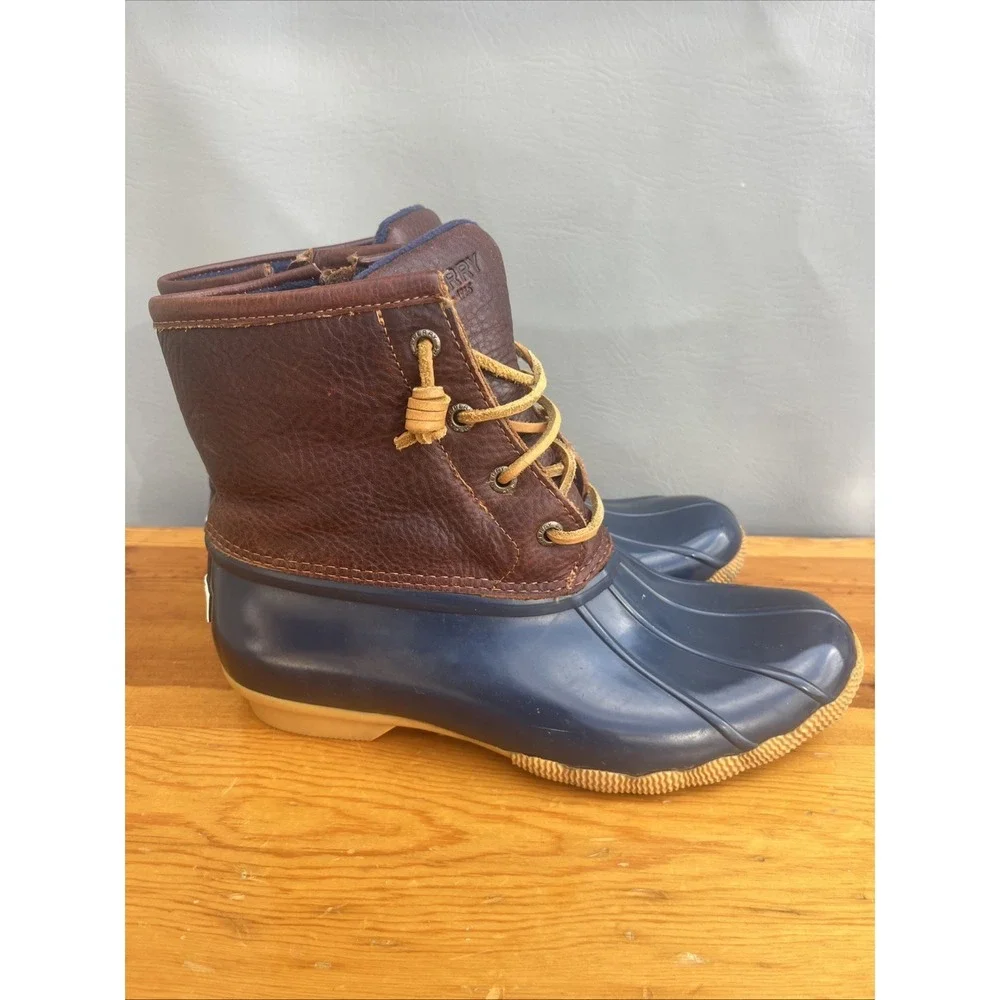 Sperry Topsider Saltwater Duck Boots Womens 7.5 Brown Leather Navy